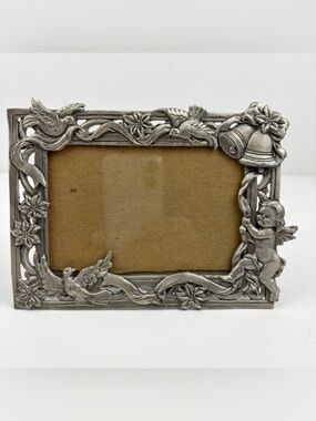 Vintage Sun-R Pewter Picture Frame Ornate Cherub Birds 5 x 3.5 in Photo